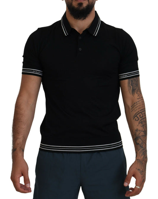 Schwarzes Polo-T-Shirt mit kurzen Ärmeln aus Seide