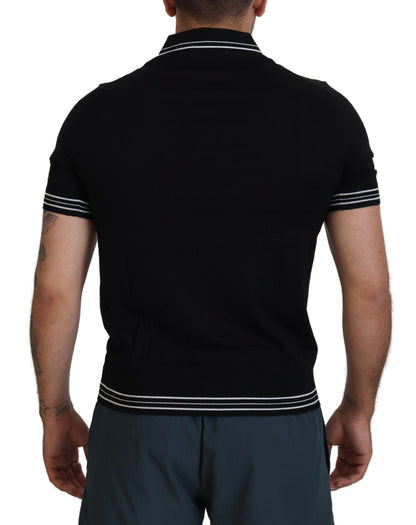 Schwarzes Polo-T-Shirt mit kurzen Ärmeln aus Seide