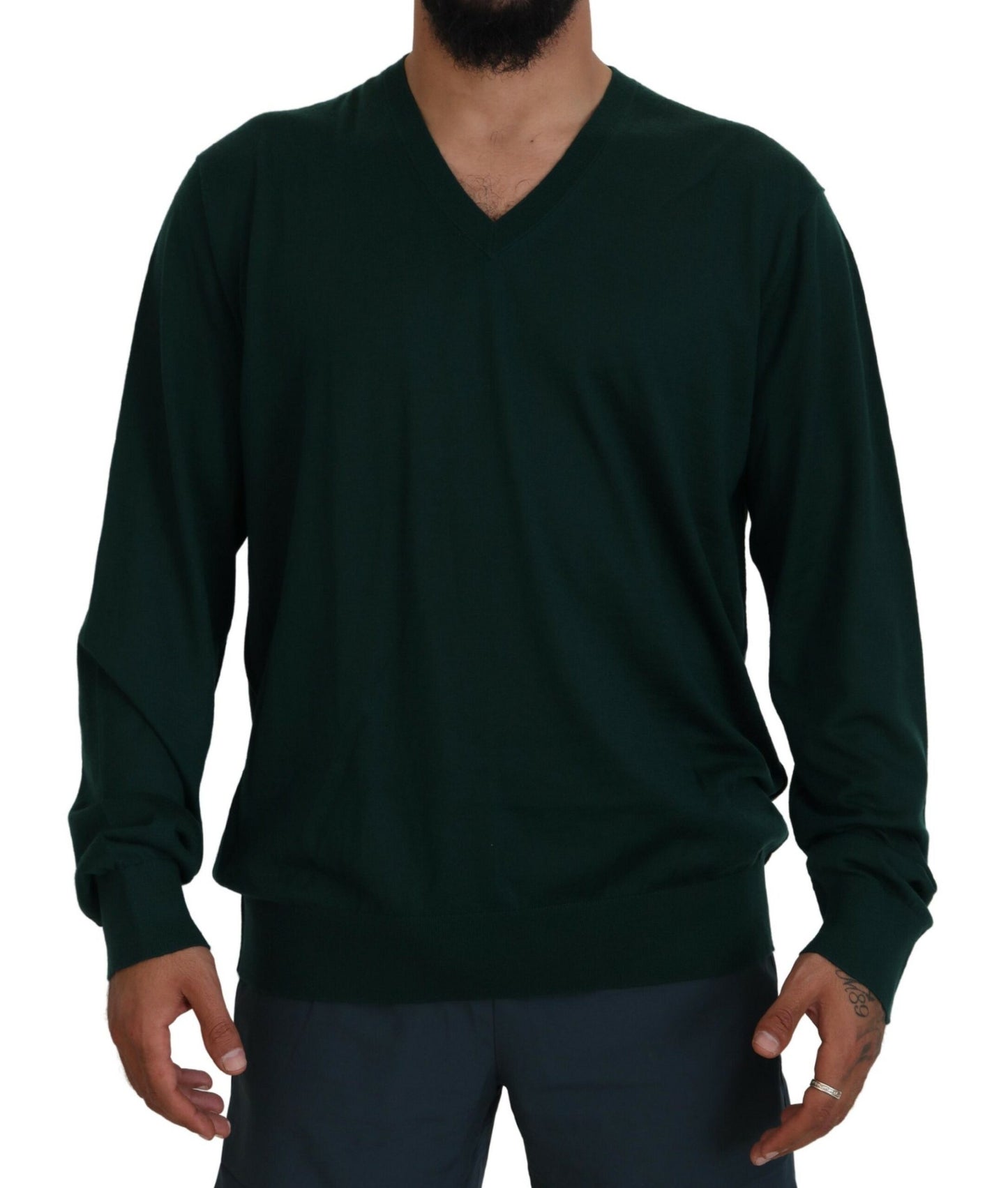 Grüner Kaschmirpullover mit V-Ausschnitt