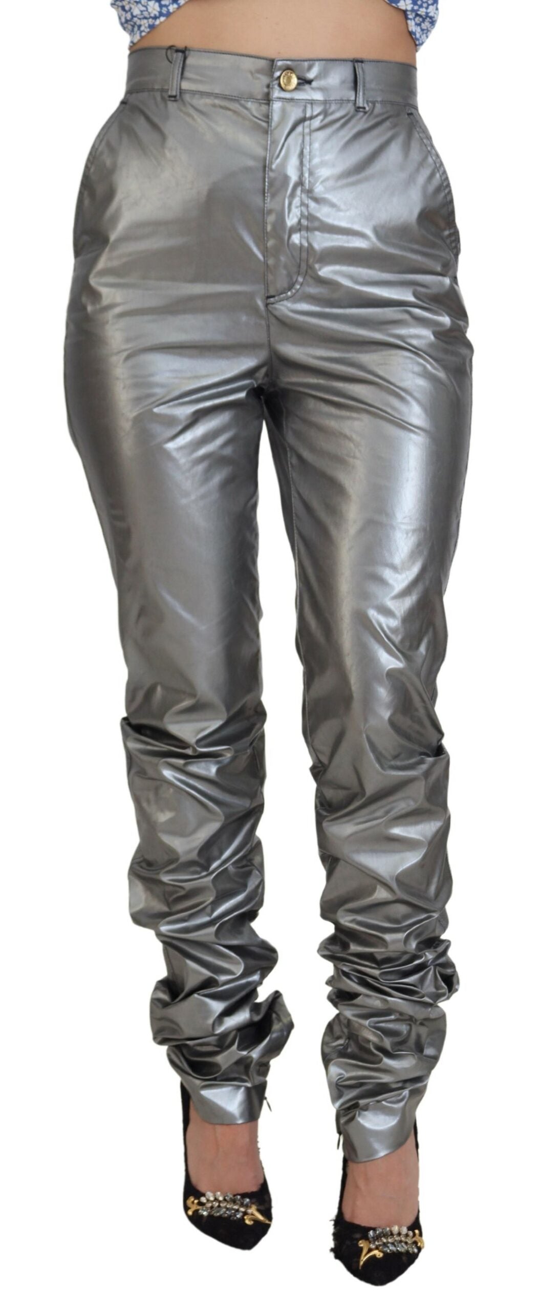 Metallic-Silberne Skinny-Hose mit hoher Taille