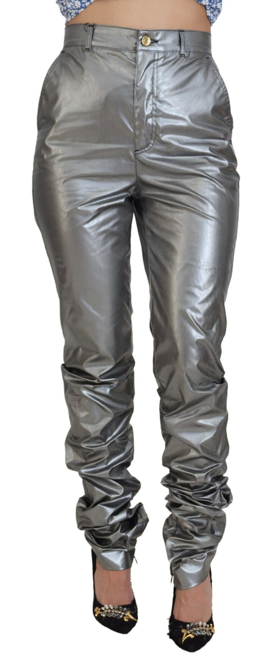Metallic-Silberne Skinny-Hose mit hoher Taille