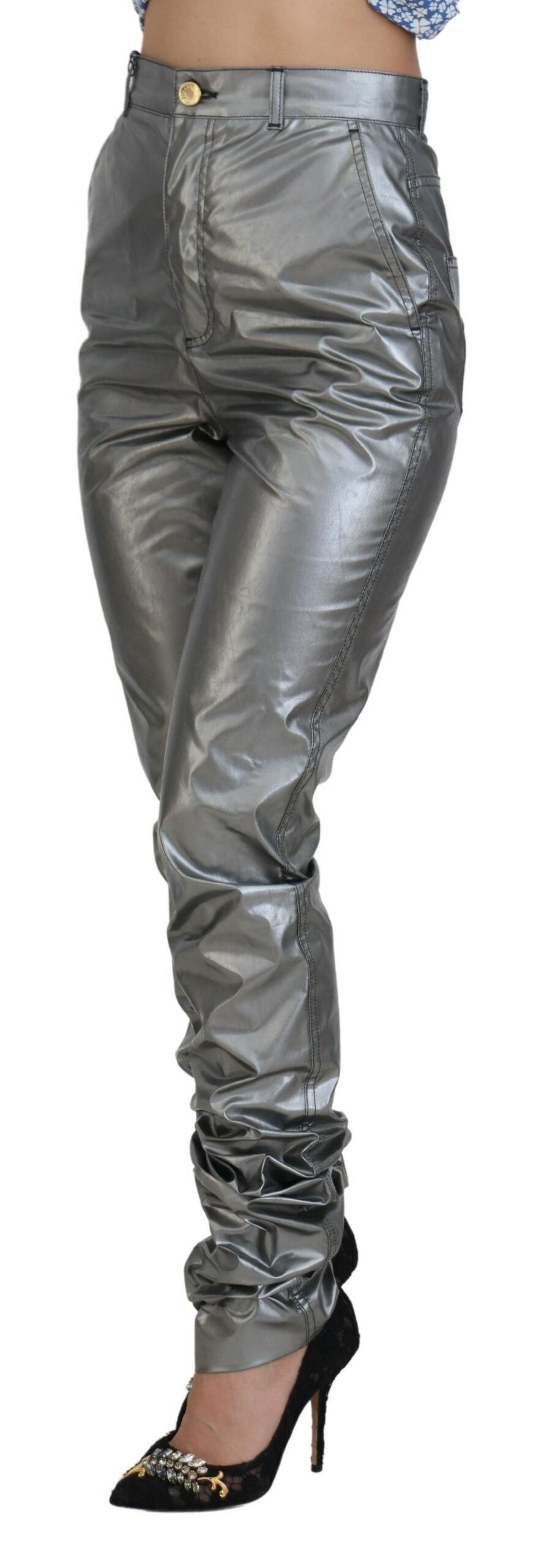 Metallic-Silberne Skinny-Hose mit hoher Taille