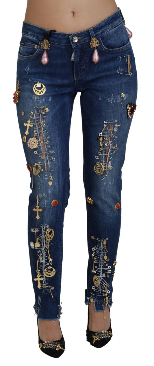 Blaue Kristallnadeln Slim Fit Denim Baumwolljeans
