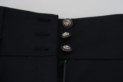 Schwarze konisch zulaufende Wollhosen mit hoher Taille
