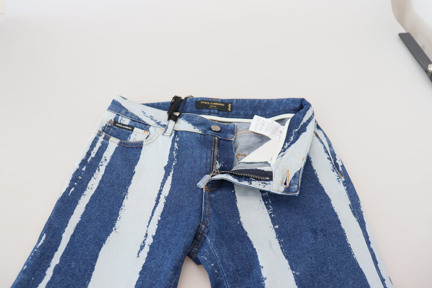 Kobaltblaue gestreifte Skinny Denim-Jeans aus Baumwolle