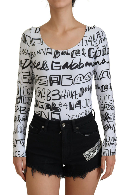 Weißes Nylon-Top mit Logo-Druck und langen Ärmeln mit Rundhalsausschnitt