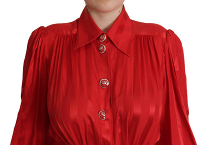 Rotes Midikleid mit Gürtel und Knopfleiste aus Satin und Seide