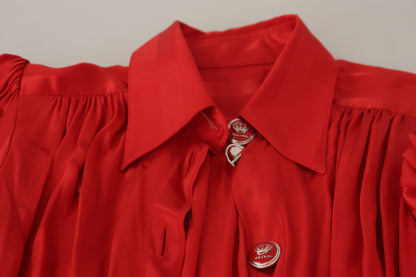 Rotes Midikleid mit Gürtel und Knopfleiste aus Satin und Seide
