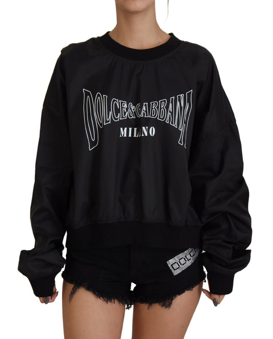 Schwarzer Nylonpullover mit Rundhalsausschnitt und Logo-Pullover