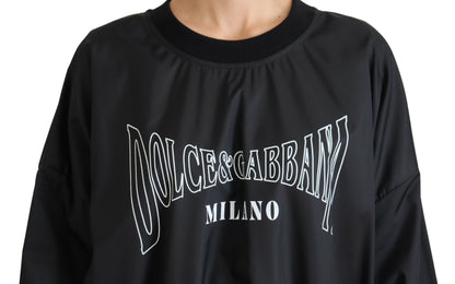 Schwarzer Nylonpullover mit Rundhalsausschnitt und Logo-Pullover