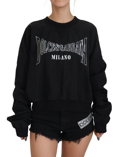 Schwarzer Nylonpullover mit Rundhalsausschnitt und Logo-Pullover