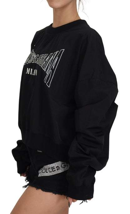 Schwarzer Nylonpullover mit Rundhalsausschnitt und Logo-Pullover