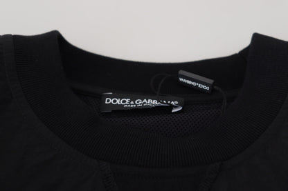 Schwarzer Nylonpullover mit Rundhalsausschnitt und Logo-Pullover