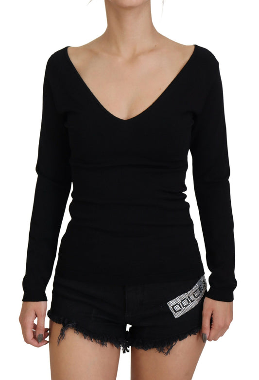 Schwarzer Viskose Pullover mit tiefem V-Ausschnitt