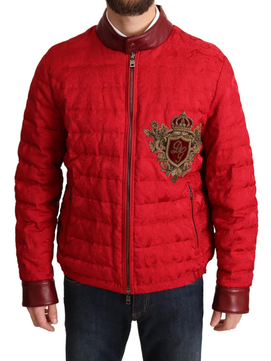 Roter Brokat-Bomber Mantel mit Goldkronen-Logo Jacke