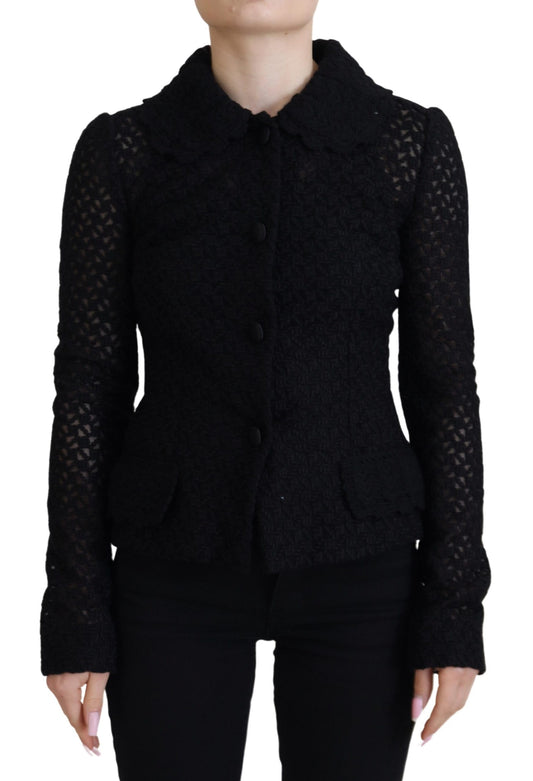Schwarze Jacke mit gestricktem Knopfkragen aus Wolle