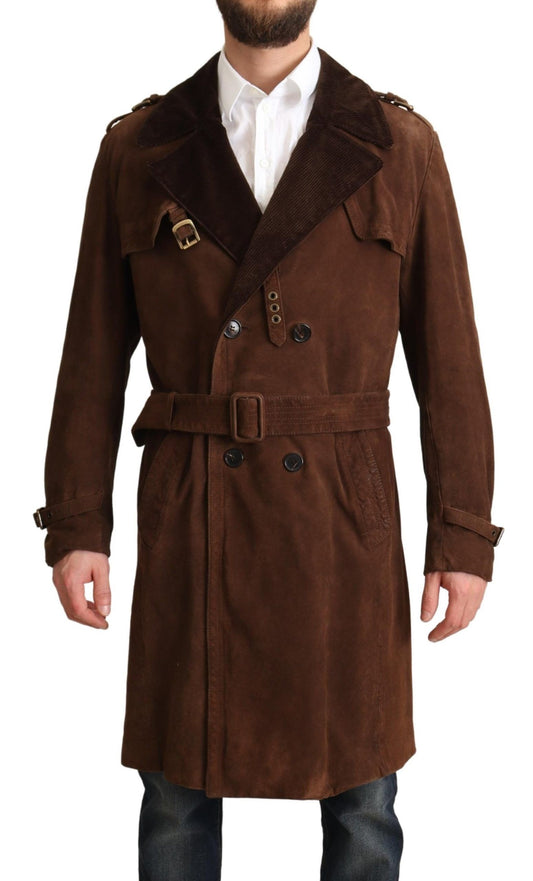 Brauner Leder Langer Trenchcoat Männer Jacke