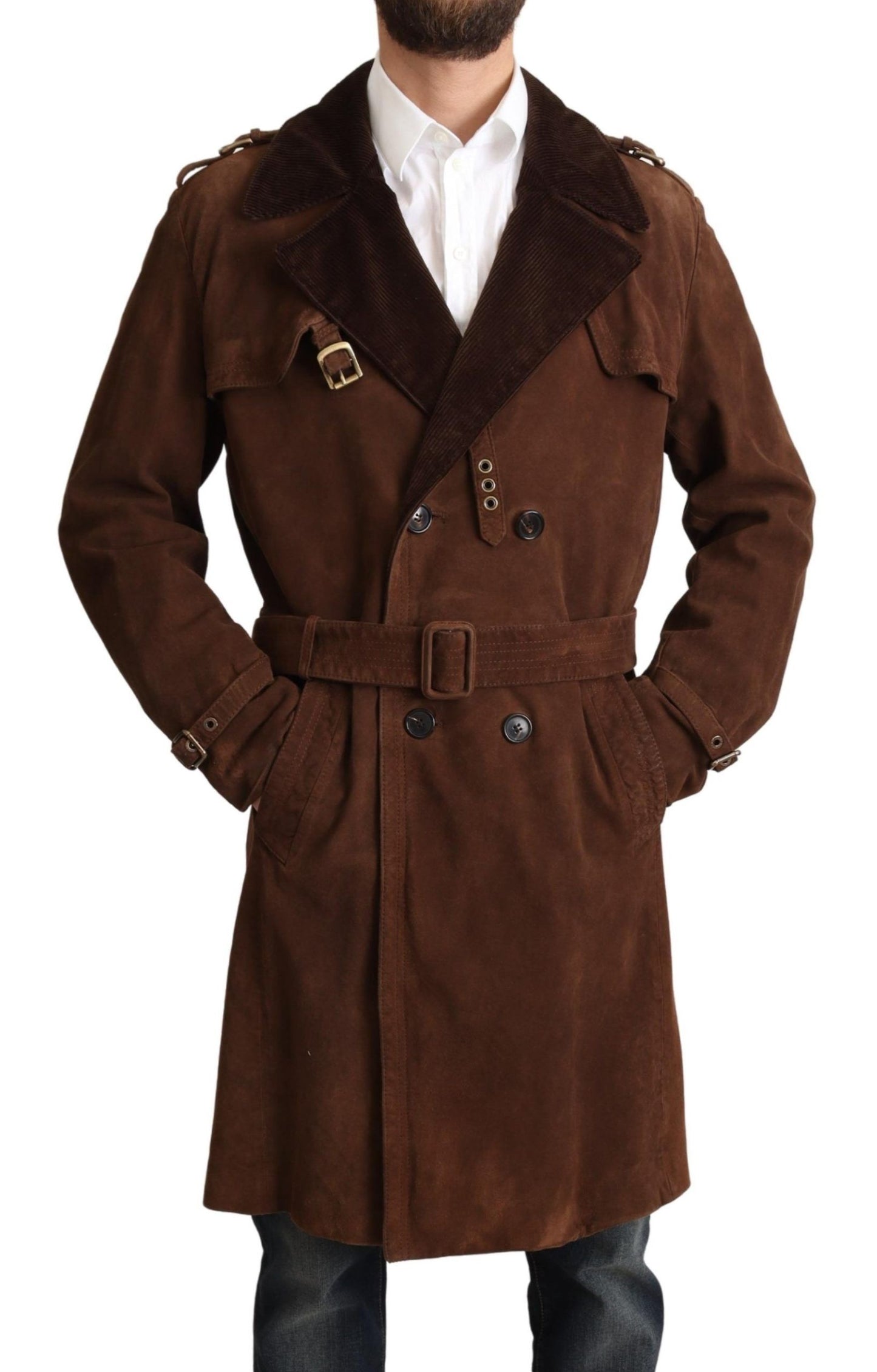 Brauner Leder Langer Trenchcoat Männer Jacke