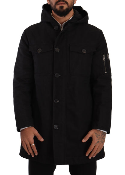Schwarzer Denim-Parka-Mantel mit Kapuze Winterjacke