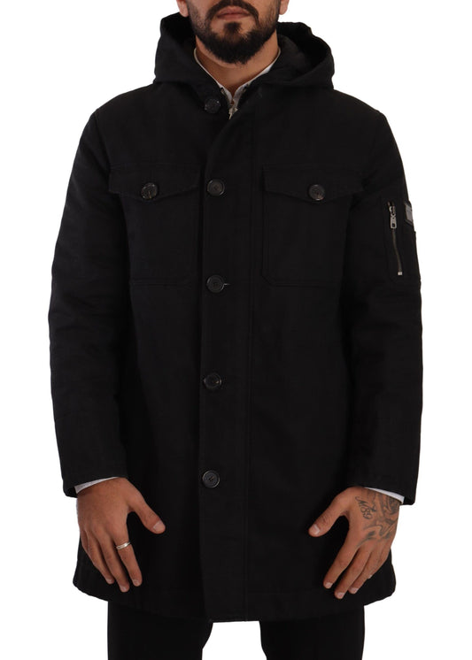 Schwarzer Denim-Parka-Mantel mit Kapuze Winterjacke