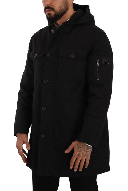 Schwarzer Denim-Parka-Mantel mit Kapuze Winterjacke