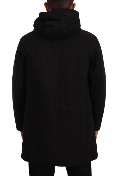 Schwarzer Denim-Parka-Mantel mit Kapuze Winterjacke