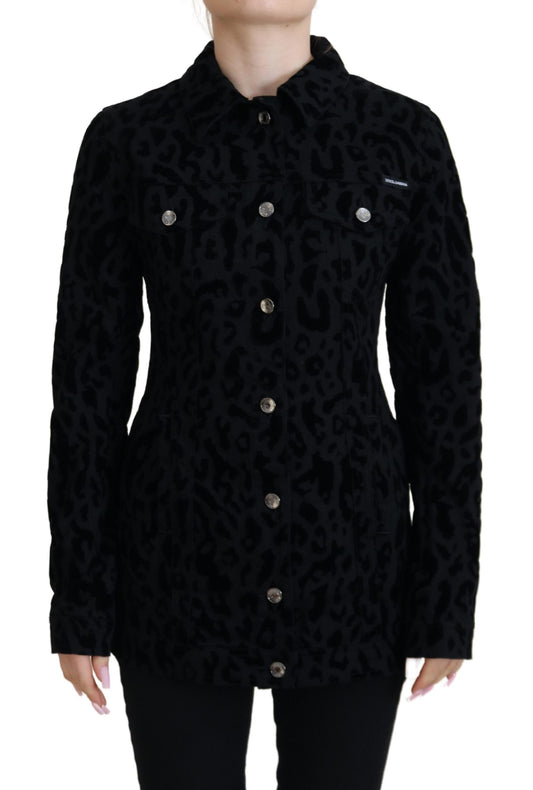 Schwarze Leoparden-Langarm-Jacke aus Denim-Baumwolle