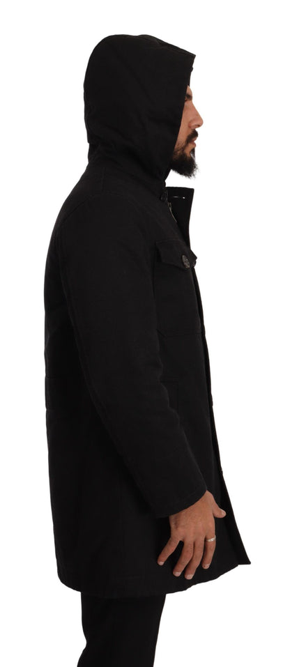 Schwarzer Denim-Parka-Mantel mit Kapuze Winterjacke