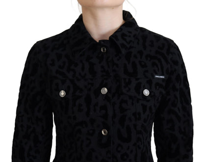 Schwarze Leoparden-Langarm-Jacke aus Denim-Baumwolle