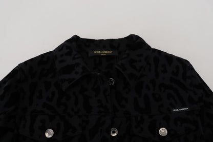 Schwarze Leoparden-Langarm-Jacke aus Denim-Baumwolle