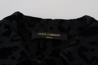 Schwarze Leoparden-Langarm-Jacke aus Denim-Baumwolle