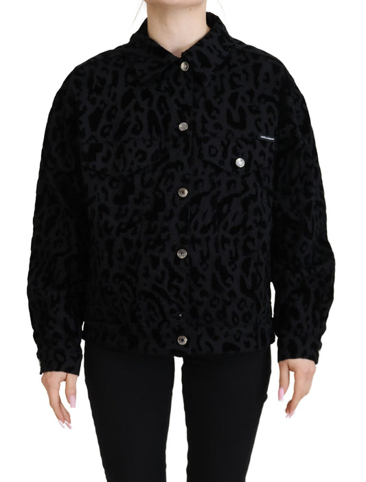 Schwarze Leoparden-Langarm-Jacke aus Denim-Baumwolle