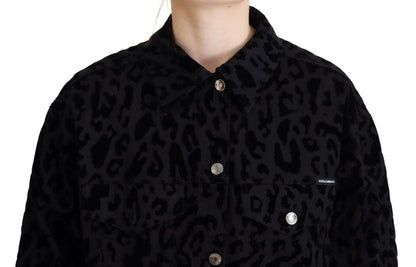 Schwarze Leoparden-Langarm-Jacke aus Denim-Baumwolle