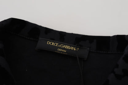 Schwarze Leoparden-Langarm-Jacke aus Denim-Baumwolle