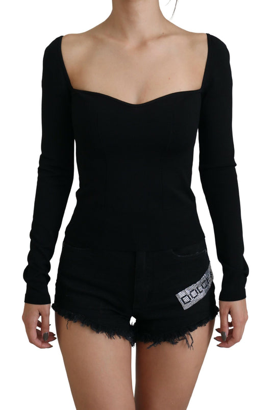 Schwarzer Viskose Pullover mit Sweetheart-Ausschnitt