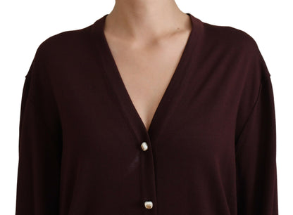 Kastanienbrauner Wollstrickpullover mit tiefem V-Ausschnitt