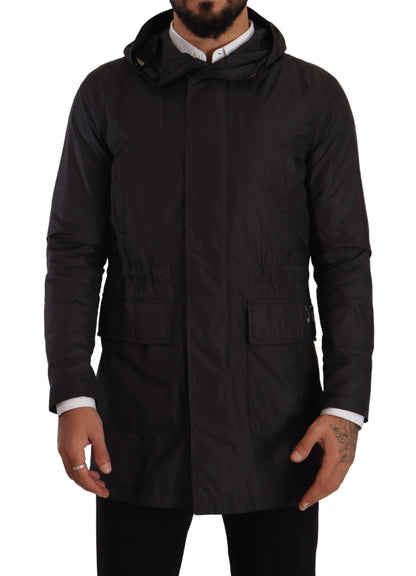 Schwarzer Polyester Parka Mantel mit Kapuze Jacke