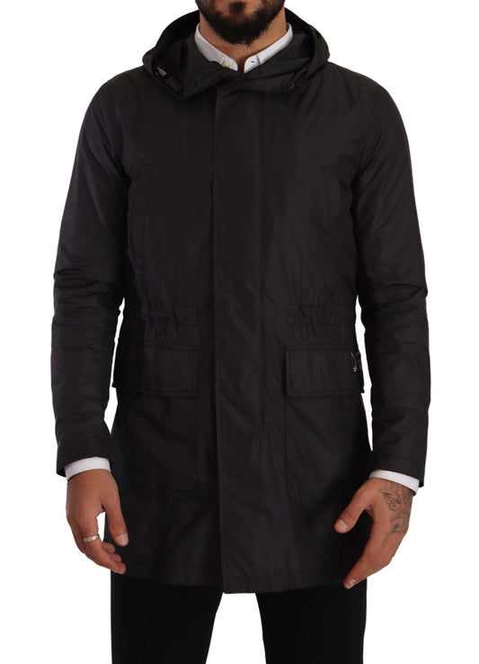 Schwarzer Polyester Parka Mantel mit Kapuze Jacke
