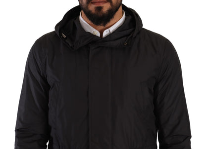 Schwarzer Polyester Parka Mantel mit Kapuze Jacke