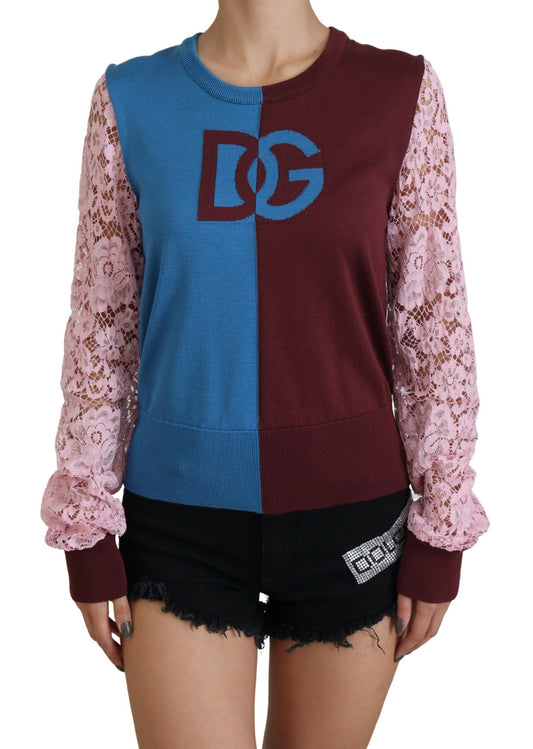 Multicolor Rundhals-Pullover mit Spitze