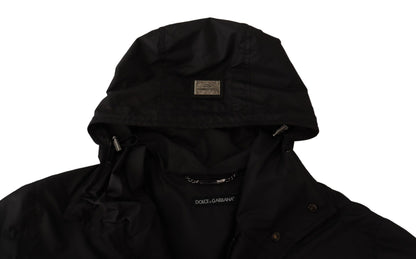Schwarzer Polyester Parka Mantel mit Kapuze Jacke