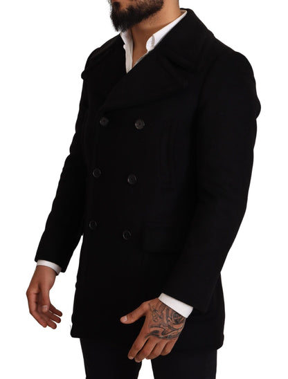 Schwarze Wolle Herren Trench Peacoat Jacke