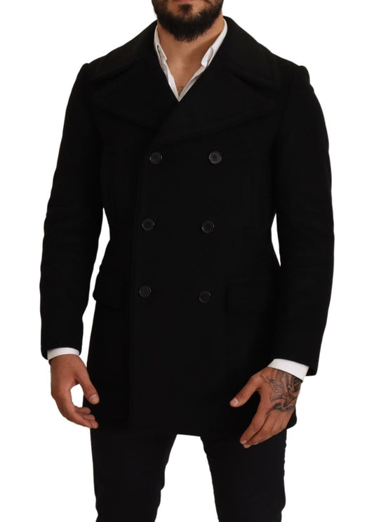 Schwarze Wolle Herren Trench Peacoat Jacke