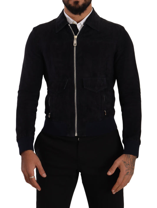 Blaue Wildleder-Lammfell-Ledermanteljacke