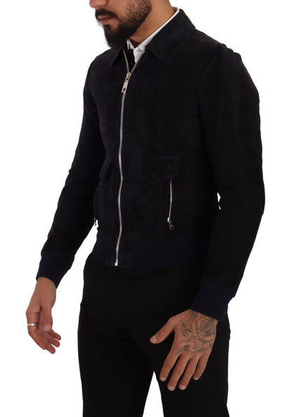 Blaue Wildleder-Lammfell-Ledermanteljacke
