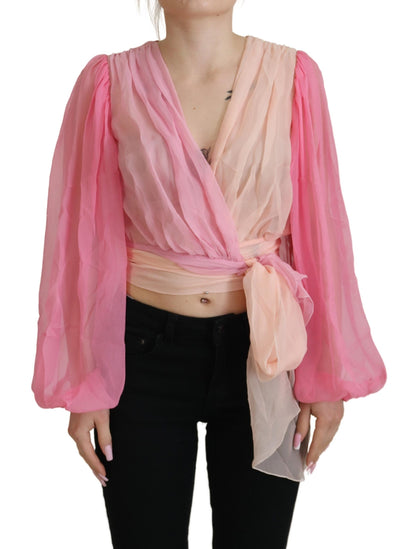 Rosa Seiden-Wickelbluse mit langen Ärmeln Top