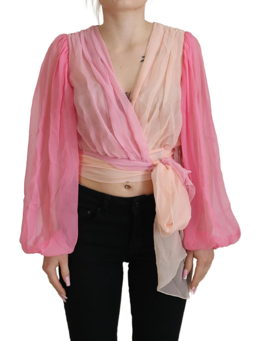 Rosa Seiden-Wickelbluse mit langen Ärmeln Top