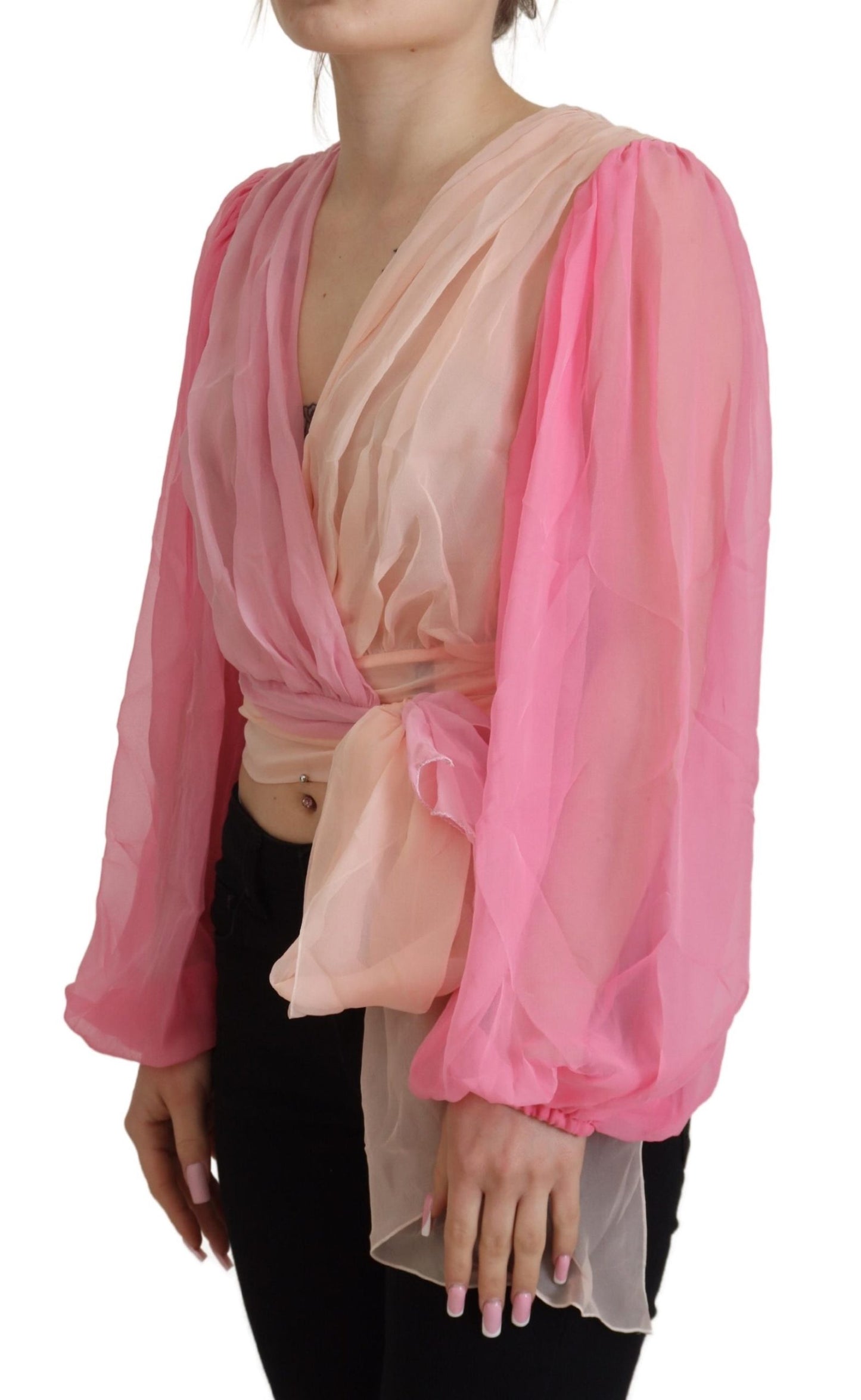 Rosa Seiden-Wickelbluse mit langen Ärmeln Top