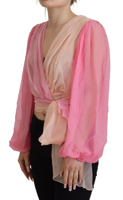 Rosa Seiden-Wickelbluse mit langen Ärmeln Top