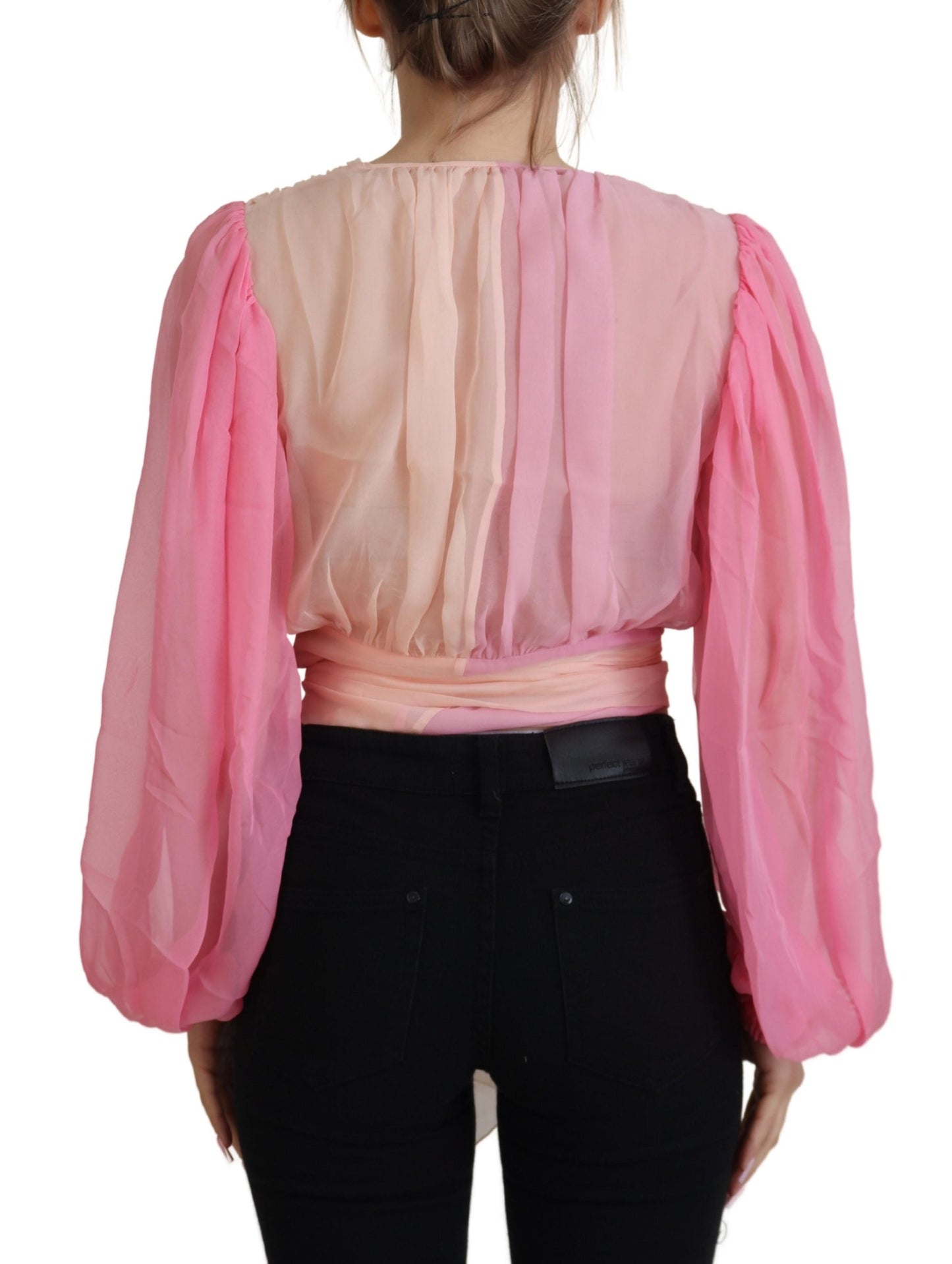 Rosa Seiden-Wickelbluse mit langen Ärmeln Top
